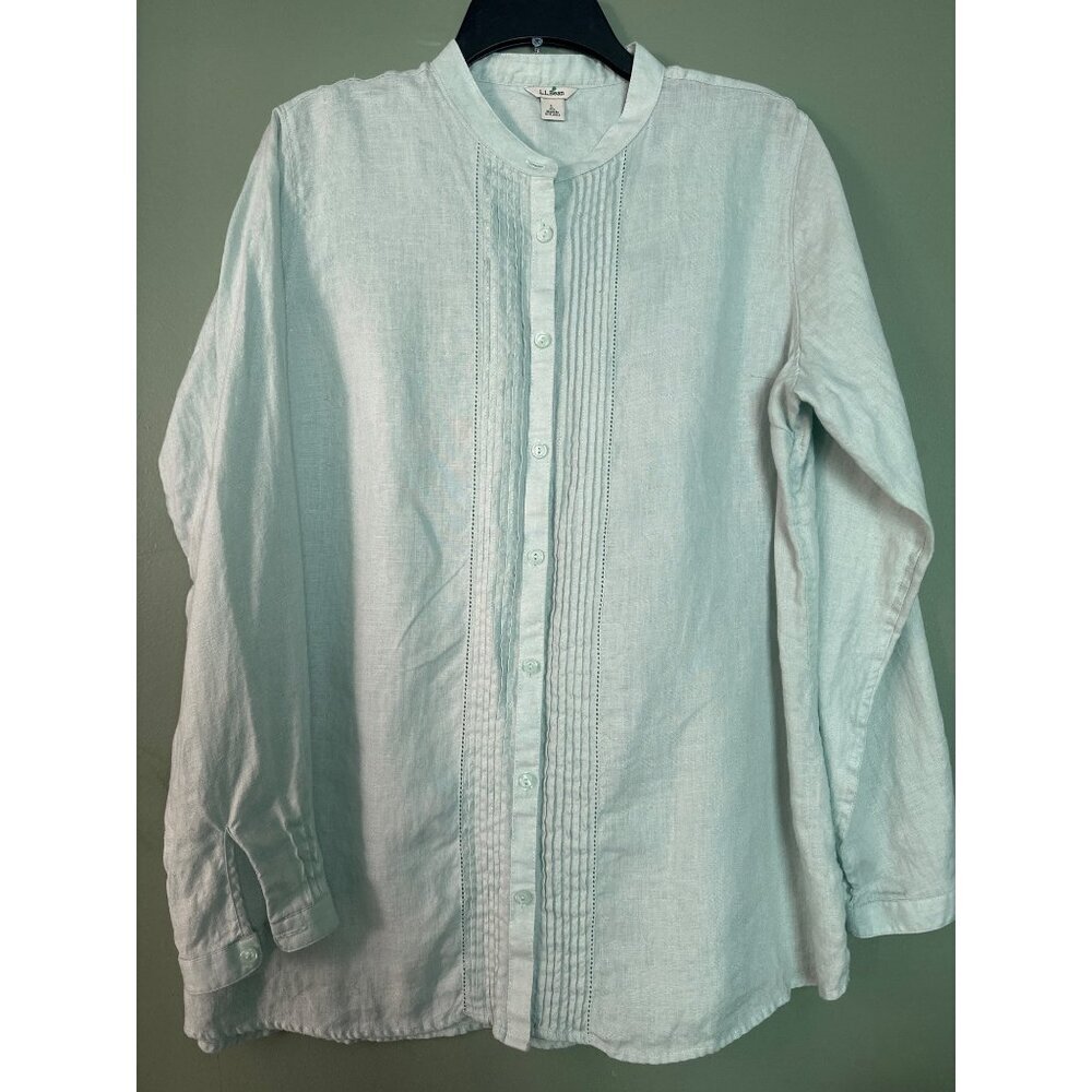 L.L.Bean 100% Linen Button Up Blouse Mint Green Size Large Coastal spring summer